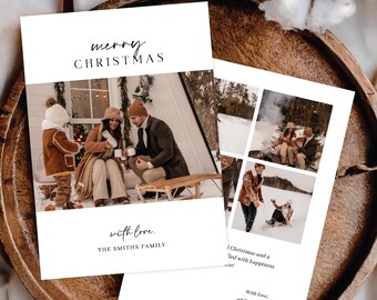 May include: Christmas cards with family photos. The cards feature the text "merry CHRISTMAS" and "with love. THE SMITHS FAMILY". The cards are on a wooden tray with cotton and greenery.
