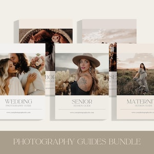 Paquete de guías para sesiones fotográficas: bodas, recién nacidos, graduaciones, familias, maternidad. Paquete de marketing para fotógrafos (plantilla de Canva).