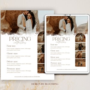May include: A pricing guide for wedding photography packages. The guide lists four different packages: Basic, Classic, Deluxe, and Premium. Each package includes a different amount of time, images, and other features. The guide also includes the photographer's website and phone number.