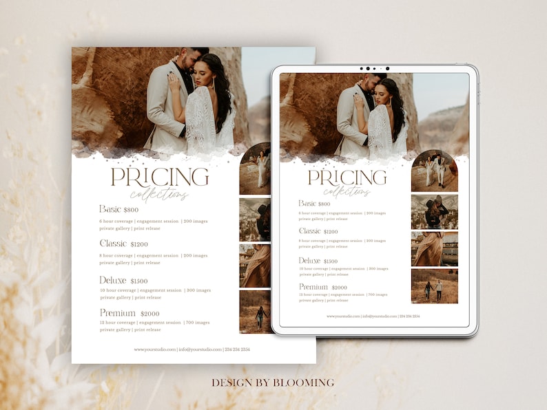 May include: A pricing guide for wedding photography packages. The guide lists four different packages: Basic, Classic, Deluxe, and Premium. Each package includes a different amount of time, images, and other features. The guide also includes the photographer's website and phone number.