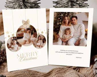 May include: Two Christmas cards with family photos. One card features a family photo inside a Christmas ornament design with the words "MERRY Christmas". The other card has a family photo with the text "Wishing you a joyful Christmas and a prosperous New Year filled with happiness and peace!"