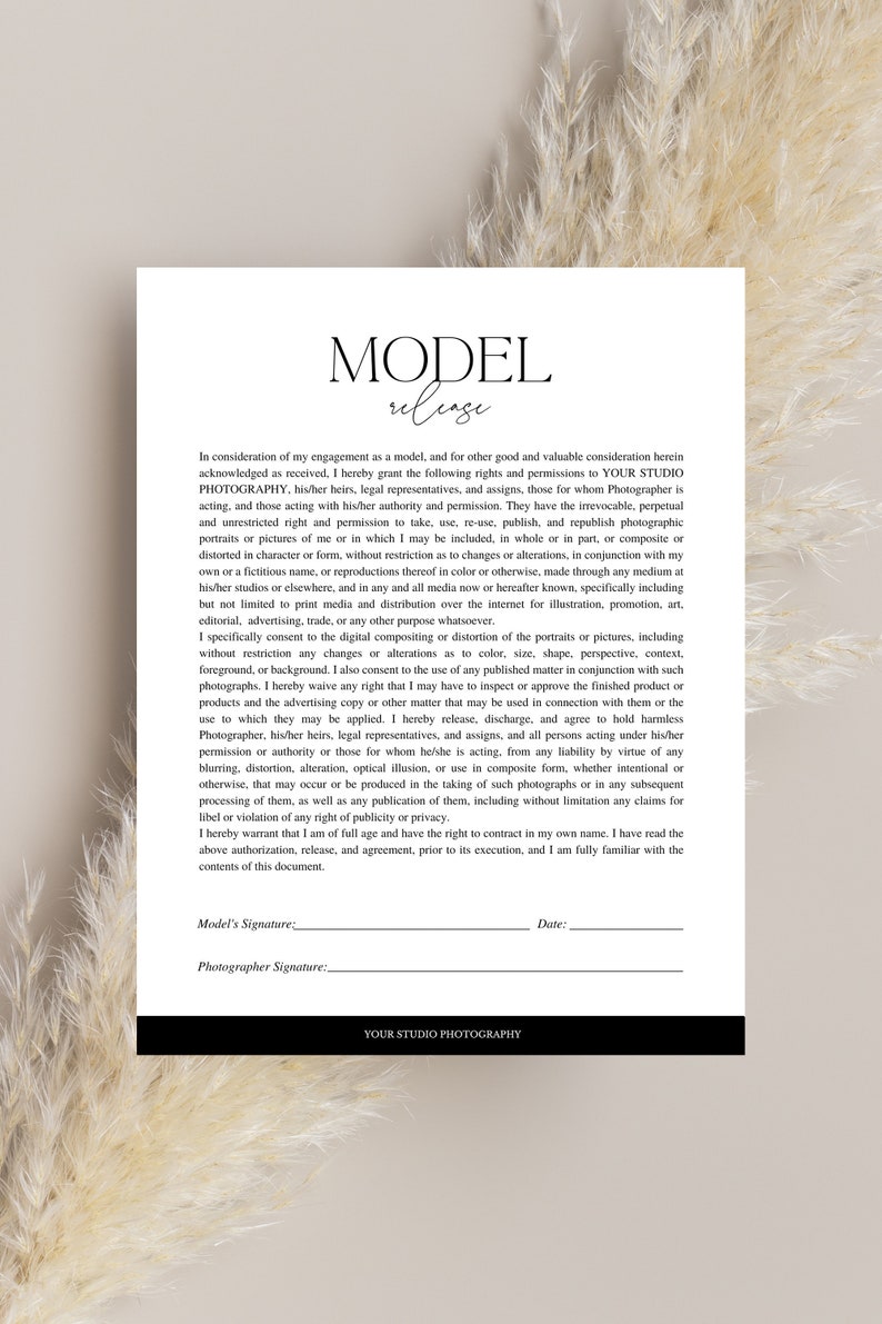 May include: A model release document with the title "MODEL release" in a stylish font. The document is black and white, with text and signature lines. The bottom of the document reads "YOUR STUDIO PHOTOGRAPHY".