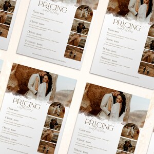 May include: A pricing guide for wedding photography packages. The guide features different packages with varying prices and image counts. The packages are labelled "Basic", "Classic", "Deluxe", and "Premium".