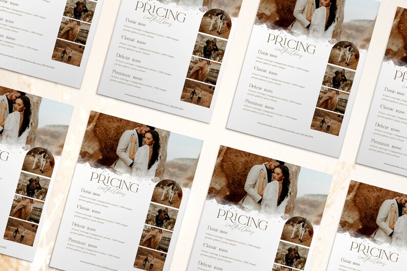 May include: A pricing guide for wedding photography packages. The guide features different packages with varying prices and image counts. The packages are labelled "Basic", "Classic", "Deluxe", and "Premium".