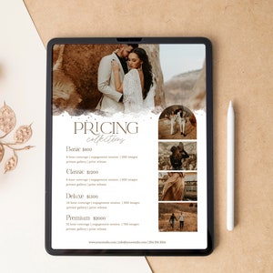 May include: A digital tablet displaying a pricing guide for wedding photography packages. The guide features four different packages: Basic, Classic, Deluxe, and Premium. Each package includes a different amount of coverage, images, and print release. The guide also includes a website address and phone number.