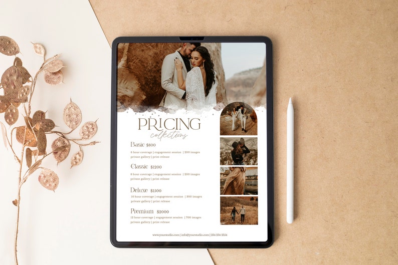 May include: A digital tablet displaying a pricing guide for wedding photography packages. The guide features four different packages: Basic, Classic, Deluxe, and Premium. Each package includes a different amount of coverage, images, and print release. The guide also includes a website address and phone number.