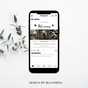 May include: A smartphone screen displaying an Instagram post advertising pet photography services. The post features three photos of dogs and the text "Pet minis".