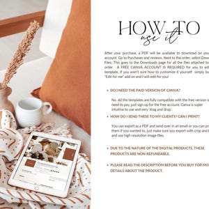 May include: A digital product guide with instructions on how to use Canva templates. The guide includes information about the free version of Canva, how to export files, and how to print. The guide also states that the digital products are non-refundable.