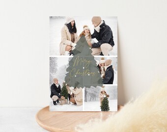 May include: A Christmas card featuring a family in a snowy setting. The card has a collage of family photos with a green watercolor Christmas tree overlay and the text "Merry Christmas" in gold script.