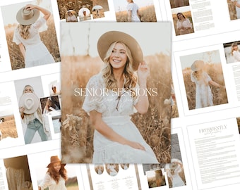 May include: A brochure for senior photo sessions with a white background and a photo of a woman wearing a white dress and a wide-brimmed hat in a field of tall grass. The text "Senior Sessions" is printed in a serif font.
