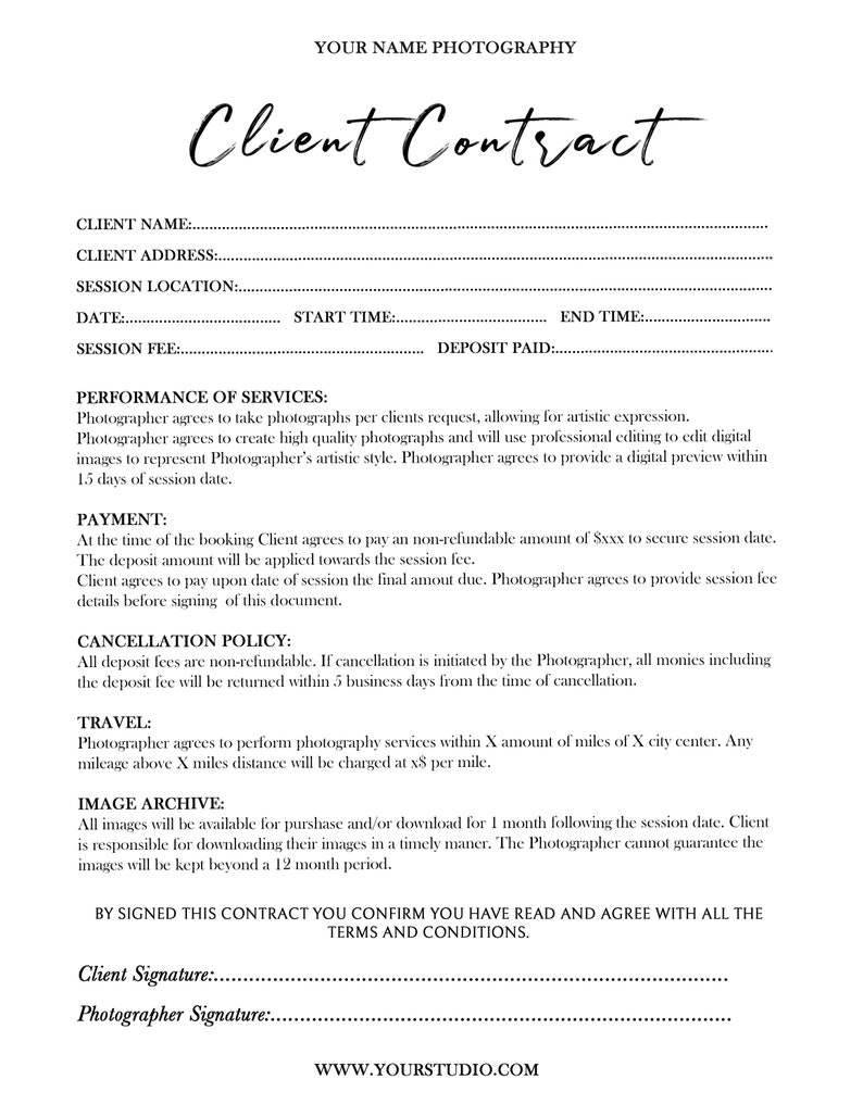 Photography Client Contract Template Form For Photographers Etsy