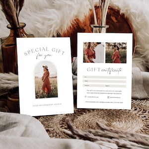 Plantilla de certificado de regalo de fotografía, plantilla de tarjeta de regalo de fotógrafo Canva, vale de regalo de fotografía, tarjeta de regalo editable boho