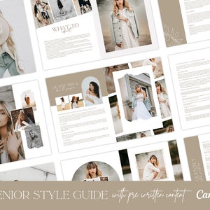 シニア写真スタイルガイド CANVA、編集可能な価格ガイド、写真クライアントガイド、服装、Canva ブックレット、マーケティングパンフレット
