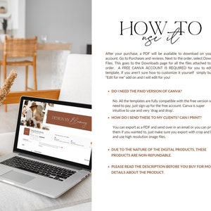 May include: A laptop computer displaying a Canva template design with the text "Design by Blooming" in a brown rectangle. The text "HOW TO use it" is displayed in a large font at the top of the page. The text below explains how to use the template and includes information about the free version of Canva.