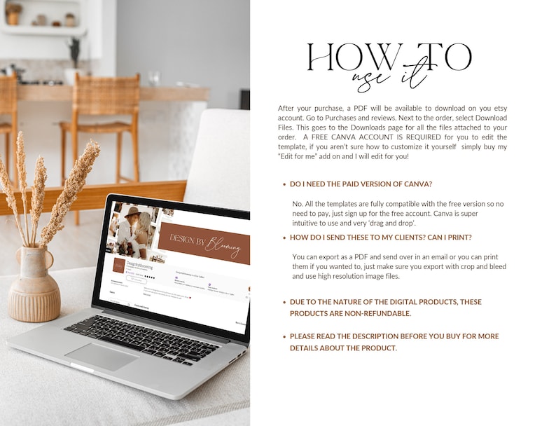 May include: A laptop computer displaying a Canva template design with the text "Design by Blooming" in a brown rectangle. The text "HOW TO use it" is displayed in a large font at the top of the page. The text below explains how to use the template and includes information about the free version of Canva.