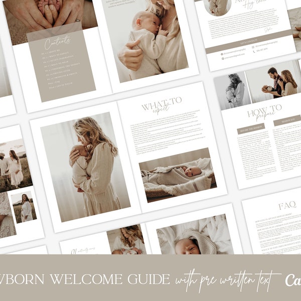 Newborn Session Prep Guide, Newborn Pre-written Welcome Guide, Editable Photographer Guide, Magazine Template for CANVA, Marketing Brochure