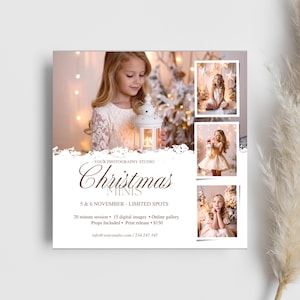 May include: A promotional image for a Christmas photoshoot. The image features a young girl holding a lantern, with three smaller photos of the girl in festive settings. Text includes "Christmas MINIS" and session details.