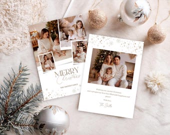 May include: Two Christmas cards with family photos and festive decorations. One card features a collage of family photos with the text "MERRY Christmas". The other card has a family photo with the text "Wishing you a joyful Christmas". Gold and silver ornaments are scattered around.
