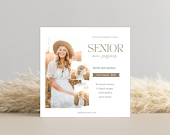 May include: A white flyer with brown text announcing senior mini sessions. The flyer features a collage of photos of a young woman wearing a white dress and a brown hat. The text reads "Senior mini sessions" and "Now booking! 2 & 3 March - $150".