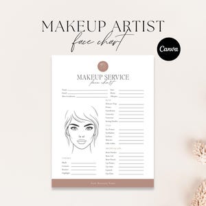 May include: A makeup artist's face chart, printed on paper, with sections for client details, base, eyes, brows, lips, and cheeks. The words "Makeup Artist Face Chart" are at the top. The design is minimalist.