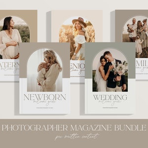 Puede incluir: Un conjunto de cinco portadas de revistas con una paleta de colores neutros. Cada portada presenta un género de fotografía diferente: maternidad, recién nacido, boda, familia y senior. Las portadas tienen un diseño moderno con un arco y el texto "guía de bienvenida" en cada una.
