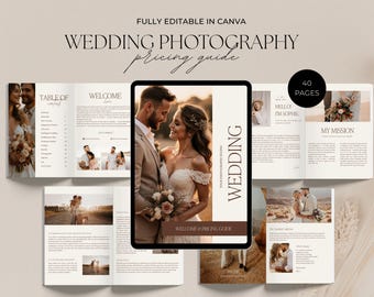 Plantilla de guía de precios para fotografía de bodas, guía de bienvenida editable en Canva