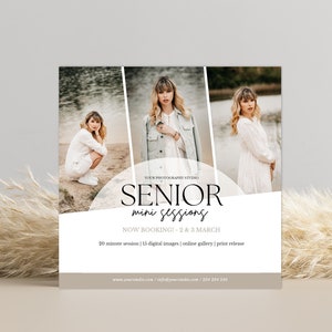 Peut inclure: Une brochure blanche avec un collage de trois photos d'une jeune femme dans différentes poses. La brochure annonce des mini-sessions seniors pour un studio photo. Le texte sur la brochure indique "Senior mini sessions", "Now booking - 2 & 3 March", "20 minute session | 15 digital images | online gallery | print release", "www.yourstudio.com | info@yourstudio.com | 224 224 2244".