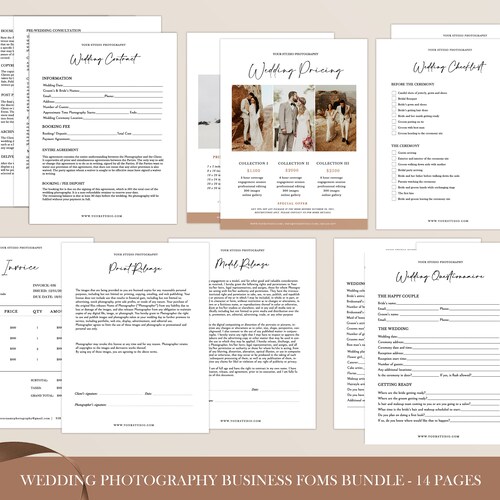 Photography Forms Template Set Wedding Contract Bundle Photoshop & PDF Templates 11 Page Wedding Photography Business Forms Bundle