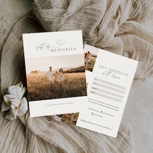 May include: A gift certificate for a photography studio with a couple in a field. The certificate says "Gift Certificate with Love" and has space for the recipient's name, amount, and expiration date. The text "This gift is not redeemable for cash and is non-refundable. This card must be presented before the session." is also included.