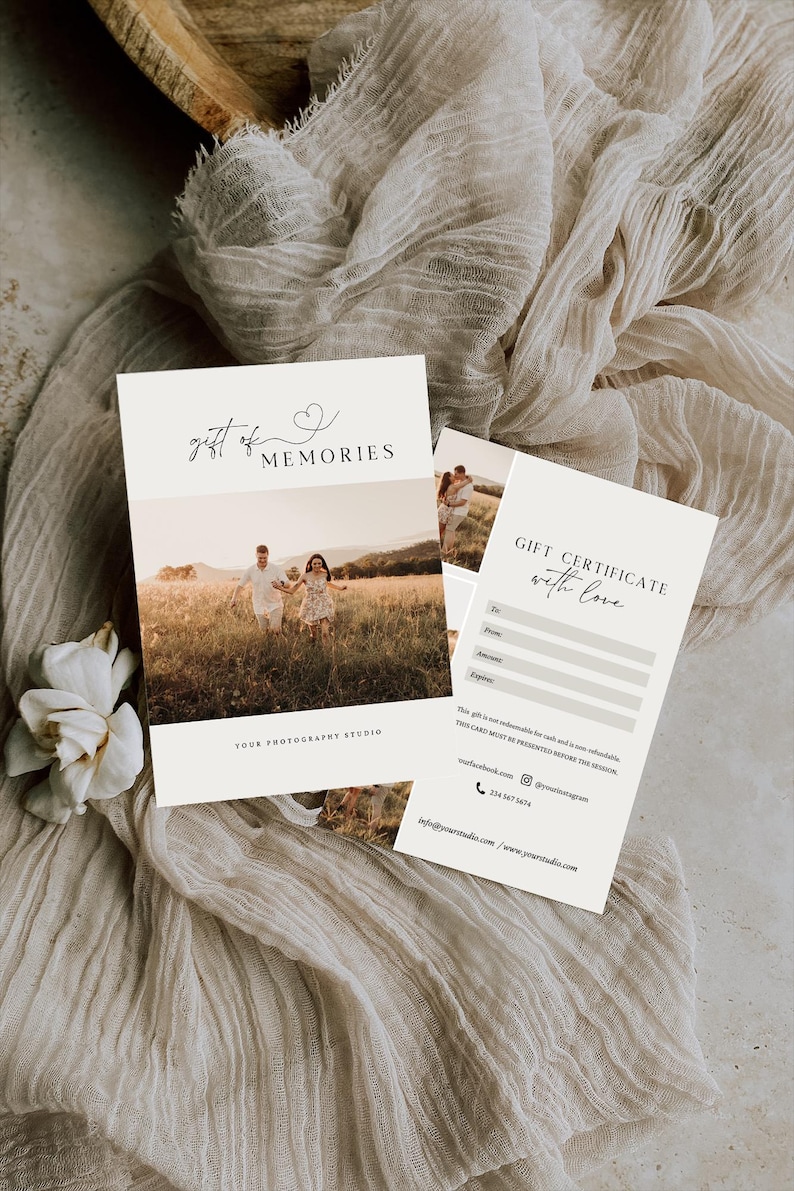 May include: A gift certificate for a photography studio with a couple in a field. The certificate says "Gift Certificate with Love" and has space for the recipient's name, amount, and expiration date. The text "This gift is not redeemable for cash and is non-refundable. This card must be presented before the session." is also included.