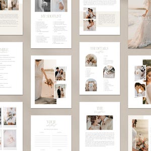 May include: A collection of wedding planning templates with a neutral color palette. The templates include text and photo layouts for shot lists, details, and add-ons. The word "WEDDING" is displayed on one of the templates.
