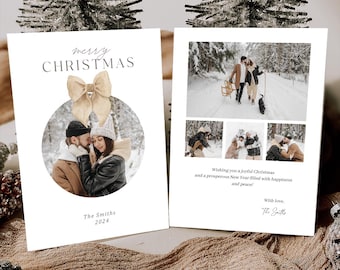 May include: Christmas cards with a winter theme. One card features a couple in a snowy scene, the text "merry CHRISTMAS", and a bow. The other card has family photos and the text "Wishing you a joyful Christmas and a prosperous New Year filled with happiness and peace!"