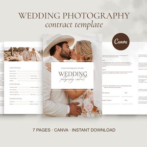 Può includere: Un modello di contratto per fotografia di matrimonio di sette pagine per Canva con una copertina che mostra la fotografia di una coppia, sezioni per i dettagli del cliente e dell'evento, e termini legali. Il testo riporta Wedding Photography contract template, Your Photography Studio, Wedding photography contract e 7 PAGES CANVA INSTANT DOWNLOAD.