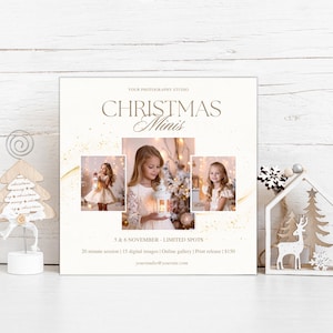 Peut inclure: Publicité carrée crème pour des séances photo Christmas Mini. Le texte "CHRISTMAS Minis" est en script doré élégant. Trois photos de jeunes filles sont présentées. L'annonce comprend les dates, les détails de la session et un site web.