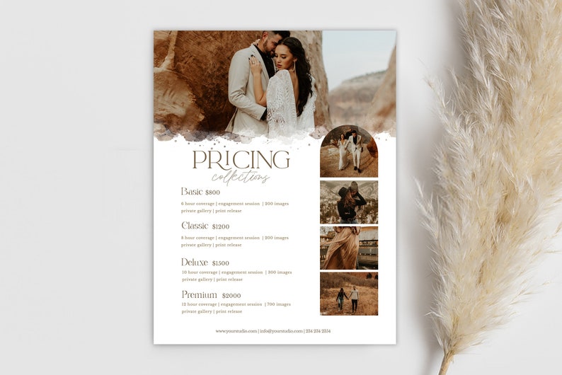 May include: A pricing guide for photography services with four different packages: Basic, Classic, Deluxe, and Premium. Each package includes a different amount of time, images, and print release. The guide features a couple in a desert landscape.