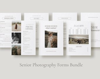 Puede incluir: Un paquete de formularios de fotografía para personas mayores, que incluye un formulario de reserva, una factura, un contrato con el cliente y un cuestionario. Los formularios son blancos con un diseño minimalista e incluyen fotografías. El texto "Senior Photography Forms Bundle" está en la parte inferior.