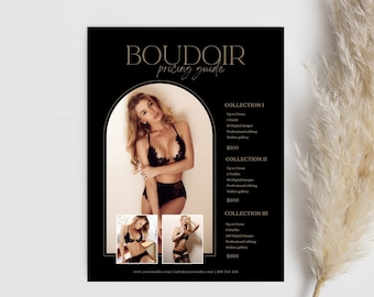 May include: A black and gold boudoir photography pricing guide with three different collections. Collection I includes up to 1 hour, 1 outfit, 10 digital images, professional editing, and an online gallery for £300. Collection II includes up to 1 hour, 2 outfits, 30 digital images, professional editing, and an online gallery for £600. Collection III includes up to 1 hour, 3 outfits, 50 digital images, professional editing, and an online gallery for £800.