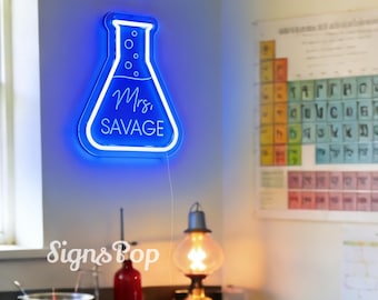 Neonbord aangepaste wetenschap leraar, gepersonaliseerd teken leraar naam, neonbord beker beker, decor scheikunde klas, cadeau leraar, decor terug naar school