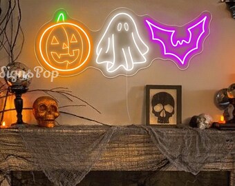 Neonbord Halloween, neonreclame pompoen Ghost vleermuis, bord Halloweenfeest, Halloween Home Shop Bar Decor, grappig neonbord pompoen, Halloweencadeau