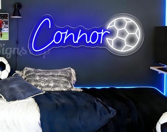 Gepersonaliseerde voetbalneonbord voor jongenskamer, aangepaste voetbal led-naamverlichting, kinderkamerdecor, cadeau voor verjaardag zoon