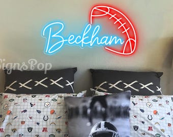 Custom voetbalneonbord, rugbynaambord, muurdecoratie slaapkamer jongen voetbal, naambord kinderkamer, decor kinderkamer sport led-licht, verjaardagscadeau