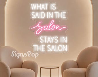 Wat wordt er in de salon gezegd, blijft in de salon Neonreclame, aangepast bedrijfsbord, decor schoonheidssalon, bord kapsalon, grappig studiomuurdecor