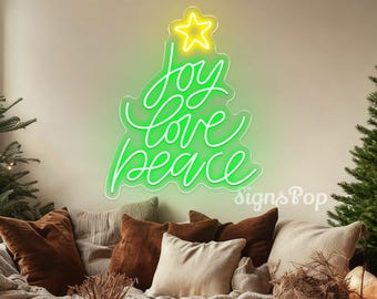 Neonreclame Joy Love Peace, kerstboomvorm led-licht, decoratie kerstboerderij, ideeën voor kerstcadeaus, vakantie kersthuis muurdecoratie