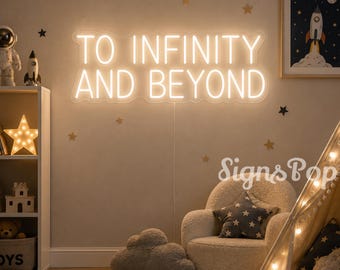 Neonreclame To Infinity And Beyond, decor kinderkamer, led-verlichting speelkamer, ruimte kinderkamer muur inspirerend gezegde decor, slaapkamer neonreclame cadeau