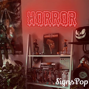 Insegna al neon con film HORROR, decorazione gotica, regalo per sala cinema per fan dell'arredamento horror, insegna di arte oscura, decorazione spaventosa per feste di Halloween, regalo per lui