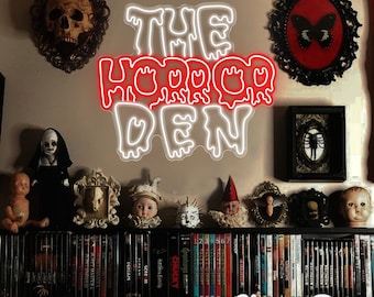 Enseigne au néon The Horror Den, décoration gothique, produits dérivés de films d&#39;horreur, décoration art sombre personnalisée, enseigne art sombre, décoration de fête d&#39;Halloween effrayante, cadeau pour lui