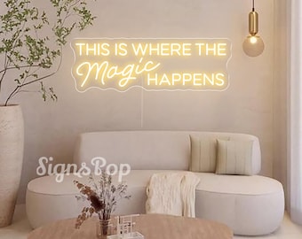 "This Is Where The Magic Happens" LED Neon Sign – Customizable USB-Powered Dimmable Wall Art For Bedroom, Studio, Or Wedding Decor