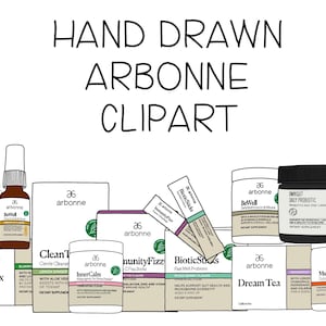 May include: Hand-drawn illustrations of Arbonne products, including CleanTox Herbal Detox Tea, Clean'T Gentle Cleanser, InnerCalm Magnesium Calming Powder, CommunityFizz C-Fizz Sticks, BioticSticks Fast Melt Probiotic, BeWell, Dream Tea, Omnigut Daily Probiotic, and MushroomPowder Daily Detoxion.