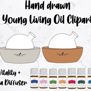 May include: Hand-drawn illustration of a Young Living Aria diffuser in grey and brown, with the text "Young Living Essential Oils" on the base. The image also includes a set of 10 Young Living essential oil bottles in various colours, with the text "Vitality" on each bottle.