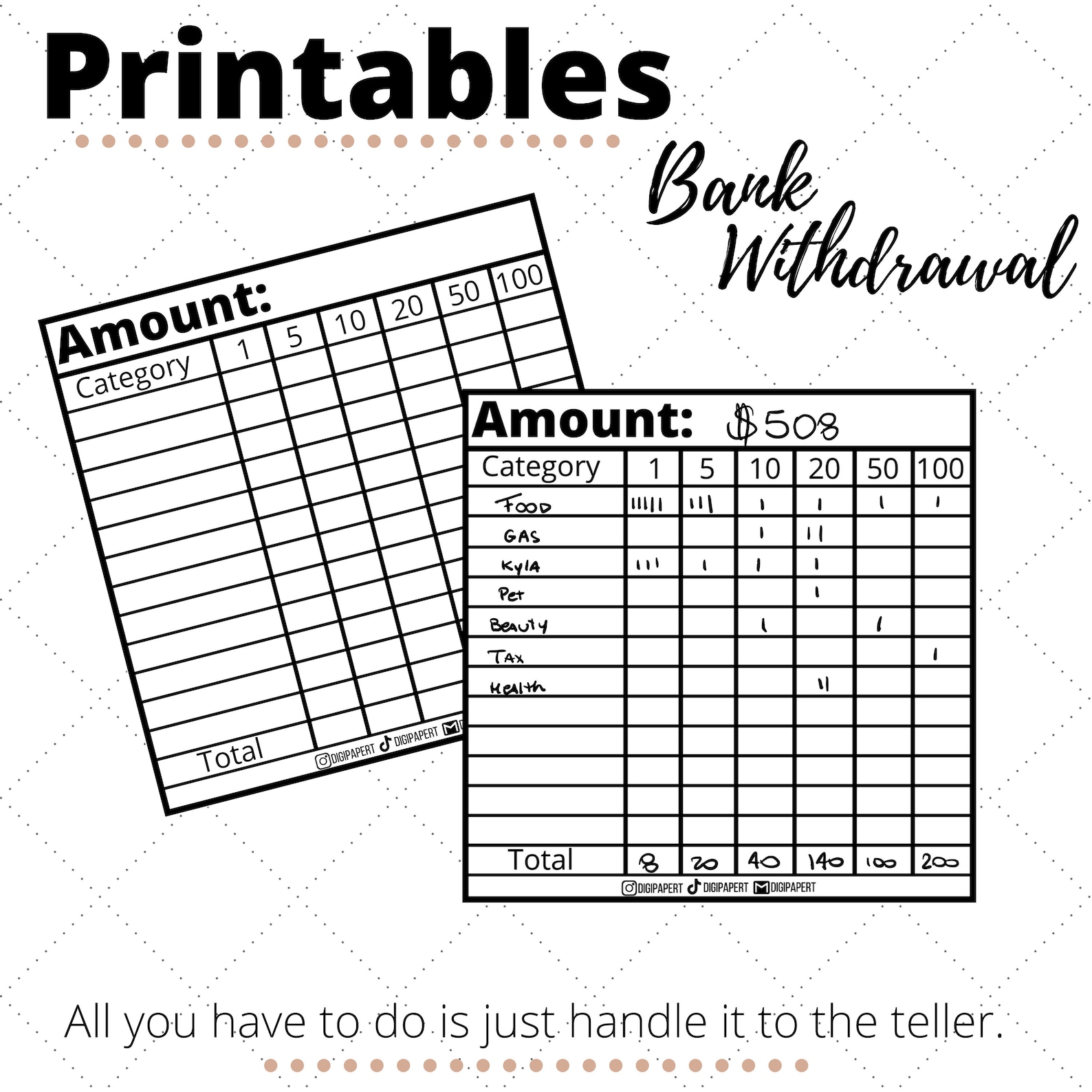 Cash Withdrawal Slip Printable for Cash Envelope Money Etsy